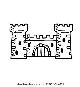 Medieval castle. Stone knight or royal fortress with tower. Military old fort. Sketch outline cartoon