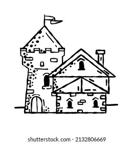 Medieval castle. Stone knight or royal fortress with tower. Military old fort. Sketch outline cartoon town