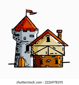 Medieval castle. Stone knight or royal fortress with tower. Military old fort. Sketch outline cartoon town