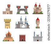 Medieval Castle with Stone Wall and Tall Towers Big Vector Set