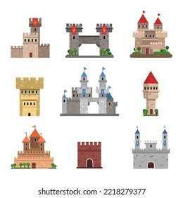 Medieval Castle with Stone Wall and Tall Towers Big Vector Set