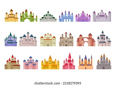 Medieval Castle With Stone Wall And Tall Towers Big Vector Set