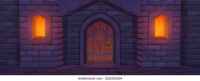 Medieval castle with stone wall, wooden door and glowing windows at night. Vector cartoon illustration of old fortress or temple exterior with closed gate with knob