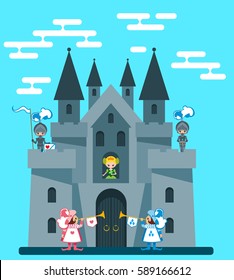 The medieval castle in the style of a flat with the Princess, with knights and heralds. Children's book illustration. Vector