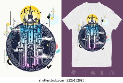 Medieval castle. Symbol of the fairy tale, dream, magic. Zine culture concept. Hand drawn vector glitch tattoo. T-shirt design. Creative print for clothes. Template for posters, textiles