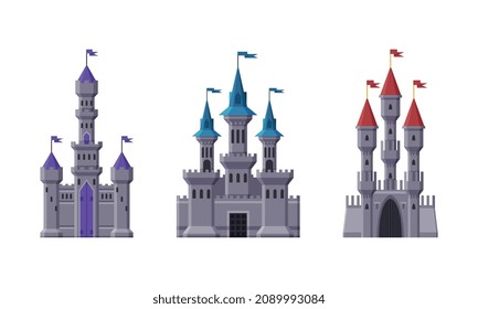 Medieval Castle with Tall Stone Tower and Flag on Top Roof Vector Set