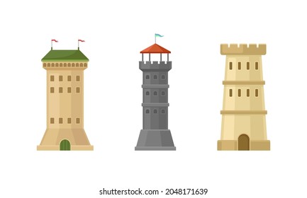 Medieval Castle Tall Tower or Turret Made of Stone Vector Set
