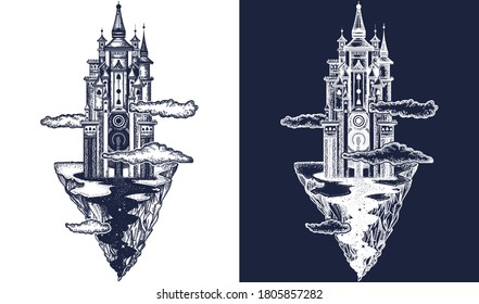 Medieval castle tattoo art. Ancient castle on the mountain. Symbol of the fairy tale, dream, magic. Medieval castle t-shirt design. Black and white vector graphics 