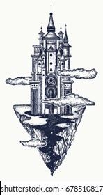 Medieval castle tattoo art. Ancient castle on the mountain. Symbol of the fairy tale, dream, magic 