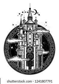 Medieval castle tattoo art. Symbol of the fairy tale, dream, magic 