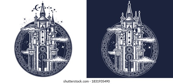 Medieval castle tattoo art. Symbol of the fairy tale, dream, magic. T-shirt design. Black and white vector graphics 