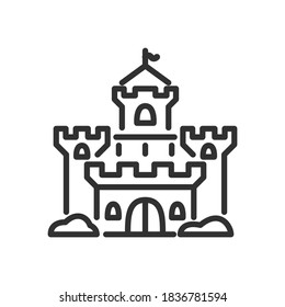 Medieval castle with three towers, windows and gates, linear icon. Editable stroke