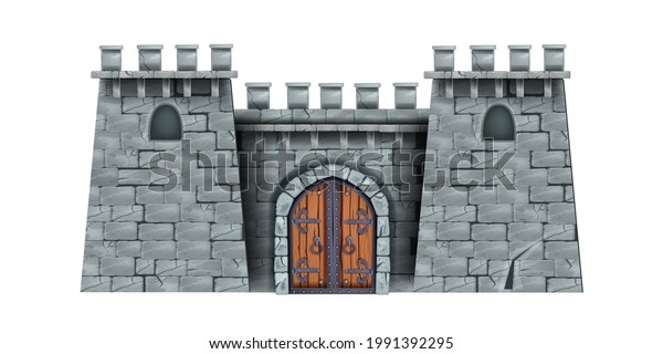 Medieval castle tower, ancient stone city entrance,\
fortress brick wall, wooden isolated double door. Historical game\
citadel illustration, town entrance. Fortification castle tower\
facade front view