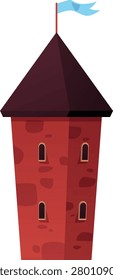 Medieval castle tower with blue waving flag vector flat illustration. Fairytale mansion exterior, fortress castle, stone palace building. Cartoon old ancient kingdom, vintage chateau isolated