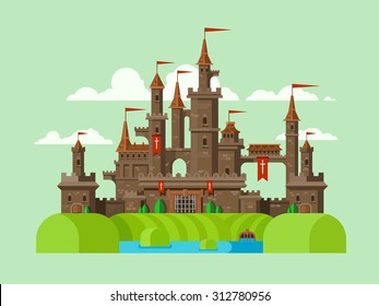 Medieval Castle. Tower Building, Architecture Ancient History, Moat With Water. Flat Vector Illustration