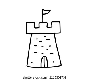 Medieval castle tower building. Hand drawn sketch drawing. Doodle illustration isolated on white background for coloring pages