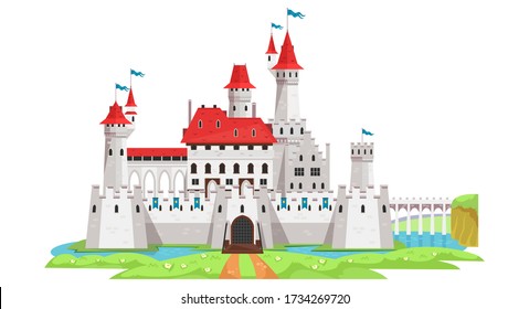 Medieval castle and tower building with landscape vector illustration. Architecture and ancient history flat style. Fantasy or fairytale palace . Isolated on white background