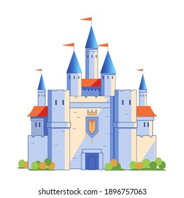 Medieval castle tower. Fairy tail, king fortress castle and fortified palace with gate. Cartoon vector  illustration isolated on white background