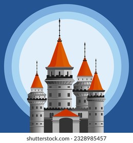 Medieval castle tower. Fairytail mansion exterior, king castle castle and fortified palace with gate. Vector image of ancient gothic tower fort. White moon and blue sky background.