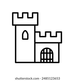 castillo medieval con torre, celosía y almenas - icono de Vector	