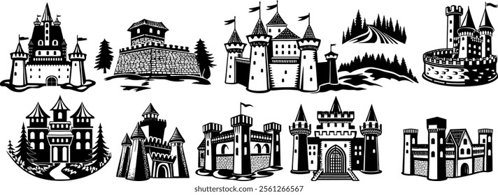 Medieval castle with tower, lattice and battlements. Creative Logo Design Template. Medieval castle flat icon design, old palace building vector illustration, fairy tale fantasy castle fortress