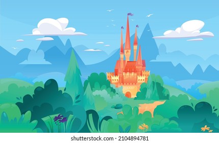 Medieval castle tower in nature around greenery landscape. Fairytail mansion exterior. King fortress castle. Old cartoon ancient tower fortress