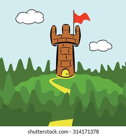 Medieval castle tower on the hill with forest around.