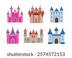 Medieval castle tower vector set, fairytail fortress castles, old medieval building architecture clip art image
