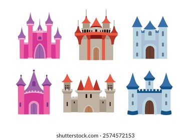 Medieval castle tower vector set, fairytail fortress castles, old medieval building architecture clip art image
