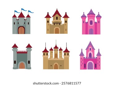 Medieval castle tower vector set, castle clip art, fairytail fortress castles, old medieval building architecture clip art image, clip art castle