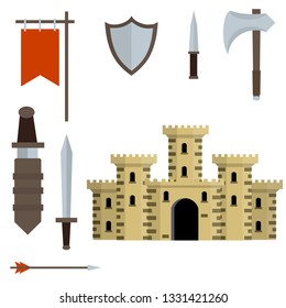 Medieval castle with tower, wall, gate, red roof. set of old weapons of knight - sword in scabbard, arrow, shield, flag, axe, dagger. European historical Armor and weapons. Cartoon flat illustration