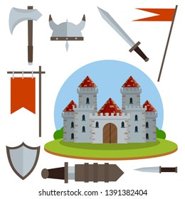 Medieval castle with tower, wall, gate, red roof. set of old weapons of knight - sword in scabbard, arrow, shield, flag, axe, dagger. European historical Armor and weapons. 