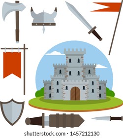 Medieval castle with tower, wall, gate, red roof. set of old weapons of knight - sword in scabbard, arrow, shield, flag, axe, dagger. European historical Armor and weapons. Cartoon flat illustration
