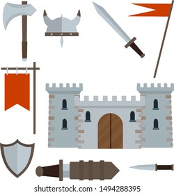 Medieval castle with tower, wall, gate, red roof. set of old weapons of knight - sword in scabbard, shield, flag, axe, dagger. European historical Armor and weapons.