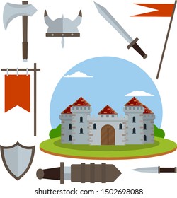 Medieval castle with tower, wall, gate, red roof. set of old weapons of knight - sword in scabbard, arrow, shield, flag, axe, dagger. Cartoon flat illustration. European historical Armor and weapons
