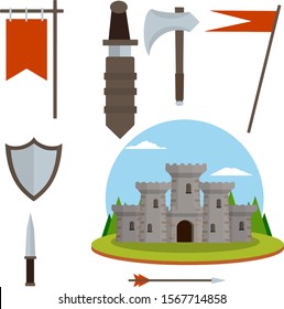 Medieval castle with tower, wall, gate, red roof. set of old weapons of knight - sword in scabbard, arrow, shield, flag, axe, dagger. Cartoon flat illustration. European historical Armor and weapons.