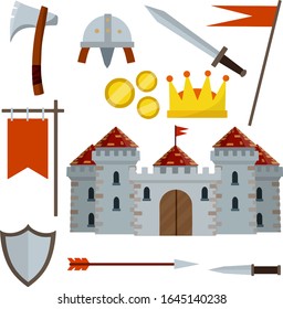 Medieval castle with tower, wall, gate, red roof. set of old weapons of knight - sword, arrow, shield, flag, axe, dagger, crown. European historical Armor and weapons. Cartoon flat illustration.