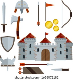 mittelalterliche Burg mit Turm, Wand, Tor, rotem Dach. Europäische historische Rüstung und Waffen. Cartoon-Flachbild-Illustration. Satz alter Ritterwaffen - Schwert, Pfeil, Schild, Flagge, Axt, Dagger, Kronen