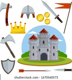 Medieval castle with tower, wall, gate, red roof. set of old weapons of knight - sword, arrow, shield, flag, axe, dagger, crown. Cartoon flat illustration. European historical Armor and weapons