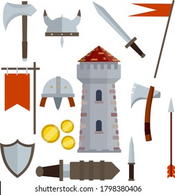 Castillo medieval con torre, pared, puerta, techo rojo. conjunto de armas antiguas de caballero - espada en la escoba, flecha, escudo, bandera, hacha, daga. Armor y armas históricas europeas. Ilustración plana de dibujos animados