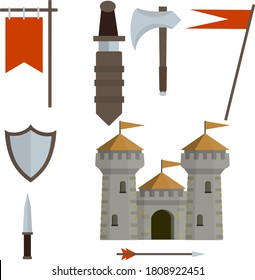 Medieval castle with tower, wall, gate, red roof. European historical Armor and weapons. Cartoon flat illustration