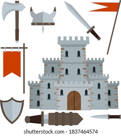 Castillo medieval con torre, pared, puerta, techo rojo. conjunto de armas antiguas de caballero - espada en la escoba, flecha, escudo, bandera, hacha, daga. Armor y armas históricas europeas. Ilustración plana de dibujos animados