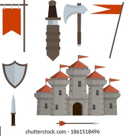 Medieval castle with tower, wall, gate, red roof. set of old weapons of knight - sword in scabbard, arrow, shield, flag, axe, dagger.