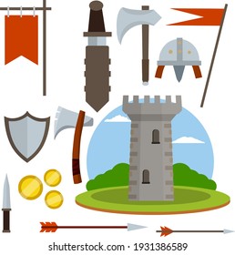 mittelalterliche Burg mit Turm, Wand, Tor, rotem Dach. Satz alter Ritterwaffen - Schwert im Schwert, Pfeil, Schild, Flagge, Axt, Dagger.