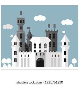 Medieval castle with towers, buildings and gates. Paper art in digital style. Vector illustration.