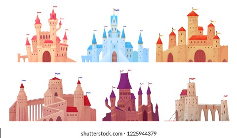 Medieval castle towers. Fairytail mansion exterior, king fortress castles and fortified palace with gate. Old ancient gothic tower fortress or fairy citadel cartoon vector isolated icons set