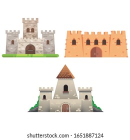 Medieval castle towers. Fairytail mansion exterior, king fortress castles and fortified palace with gate. Old ancient gothic tower fortress or fairy citadel cartoon vector isolated icons set