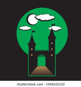 Medieval castle with towers and gates on black isolated background. Icon illustration. Vector image. eps 10