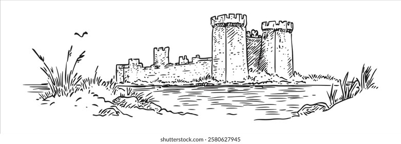 medieval castle with towers near water, hand-drawn vector artwork