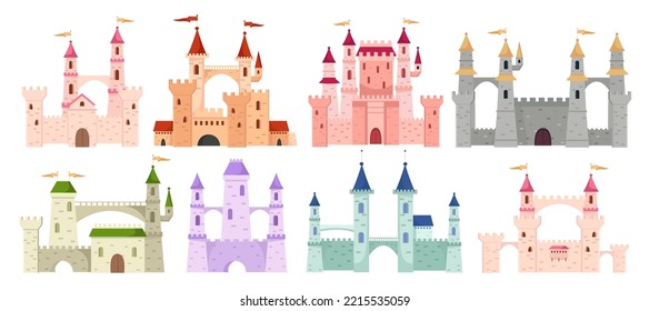 Medieval castle towers set. Fairytail mansion exterior, king fortress castles and fortified palace. Old ancient cartoon tower fortress or fairy citadel isolated. Vector illustration